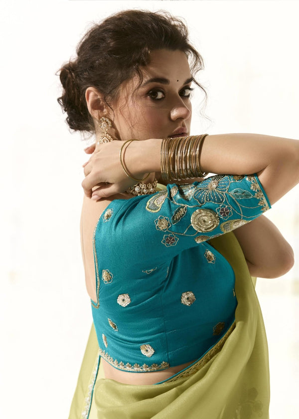 Olive Green Organza Tissue Silk Saree