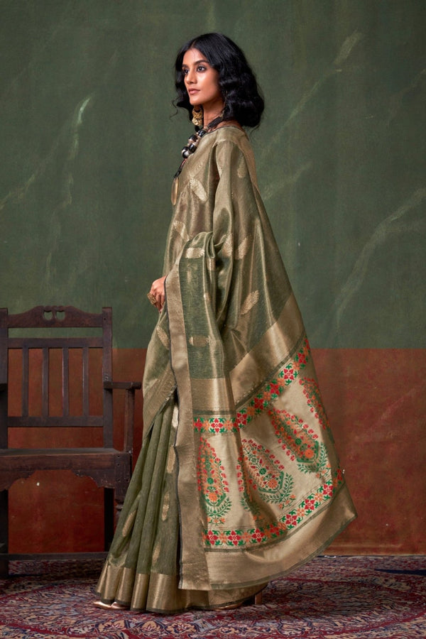 Olive Green Paithani Tissue Silk Saree