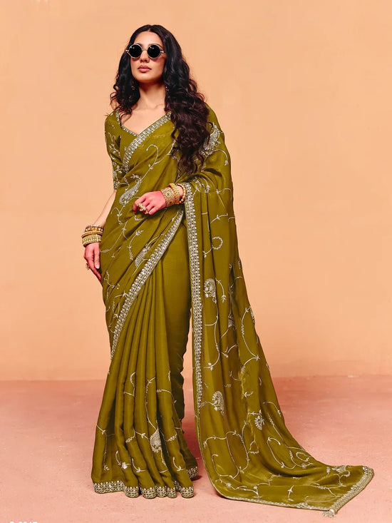 Olive Green Satin Silk Designer Saree