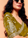 Olive Green Satin Silk Designer Saree