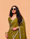 Olive Green Satin Silk Designer Saree