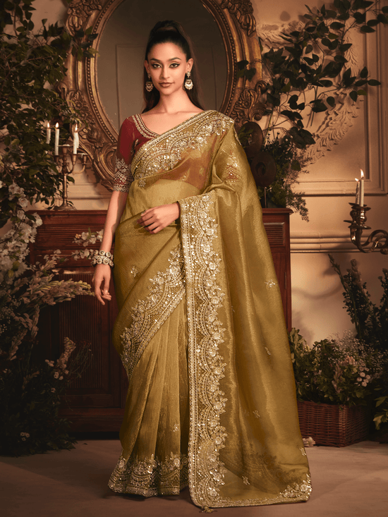 Olive Green Tissue Silk Saree