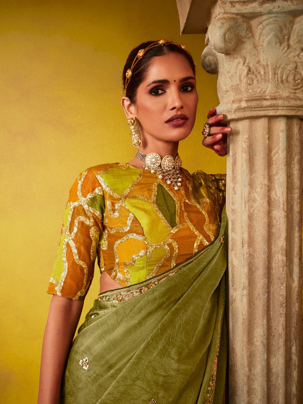 Olive Green Tissue Silk Saree