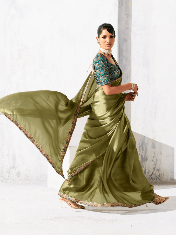 Olive Green Tissue Silk Saree