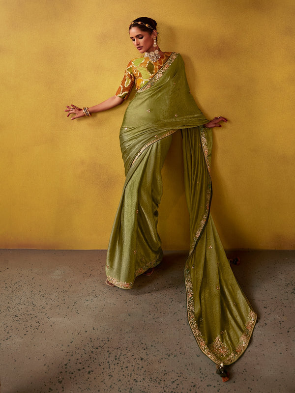 Olive Green Tissue Silk Saree