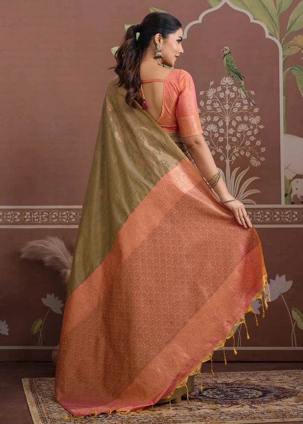 Olive Green Tussar Silk Saree with Peach Contrast Blouse