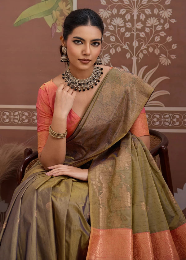 Olive Green Tussar Silk Saree with Peach Contrast Blouse