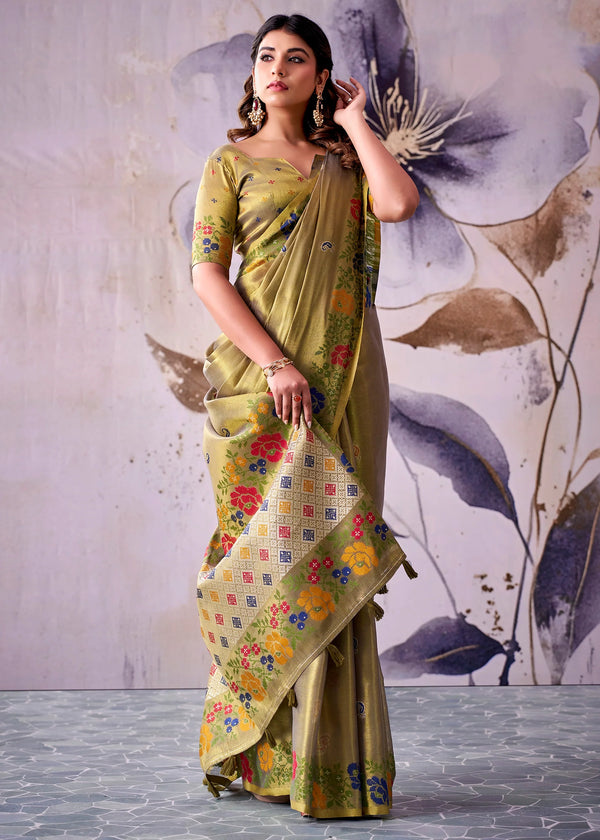 Olive Green Banarasi Tissue Silk Saree