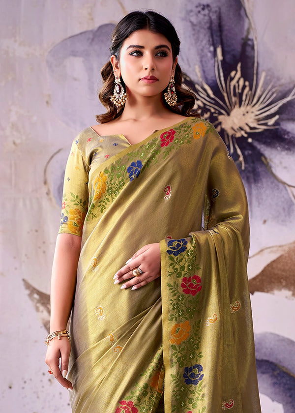 Olive Green Banarasi Tissue Silk Saree