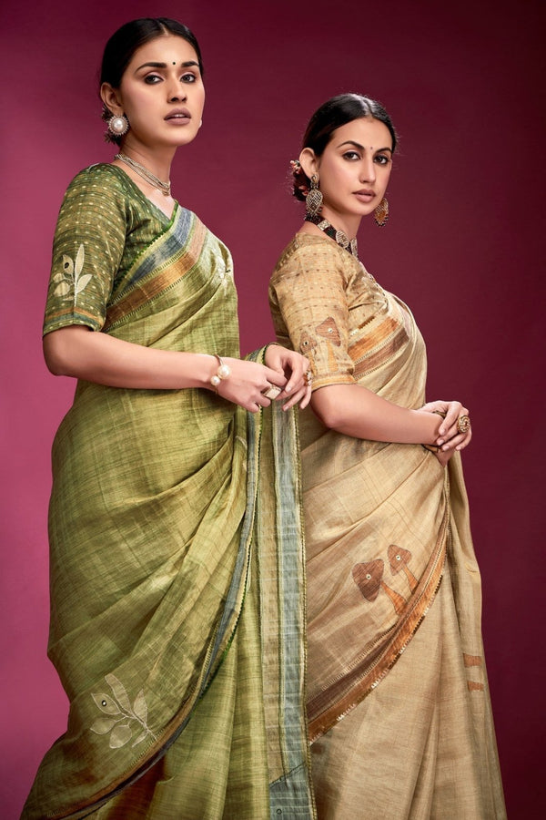 Olive Green Woven Tussar Silk Saree