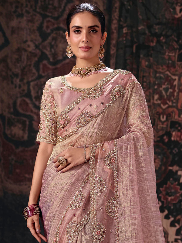 Onion Pink Embroidered Designer Tissue Silk Saree, pallu and blouse