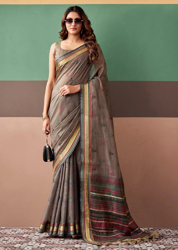 Taupe Grey Woven Designer Cotton Saree