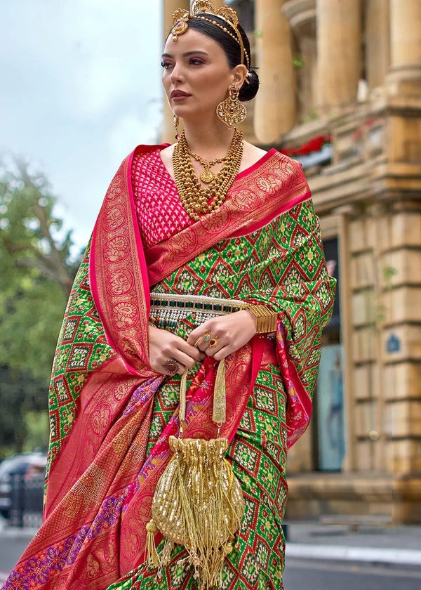 Parrot Green And Red Printed Patola Silk Saree