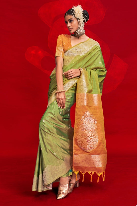 Parrot Green Banarasi Tussar Silk Saree