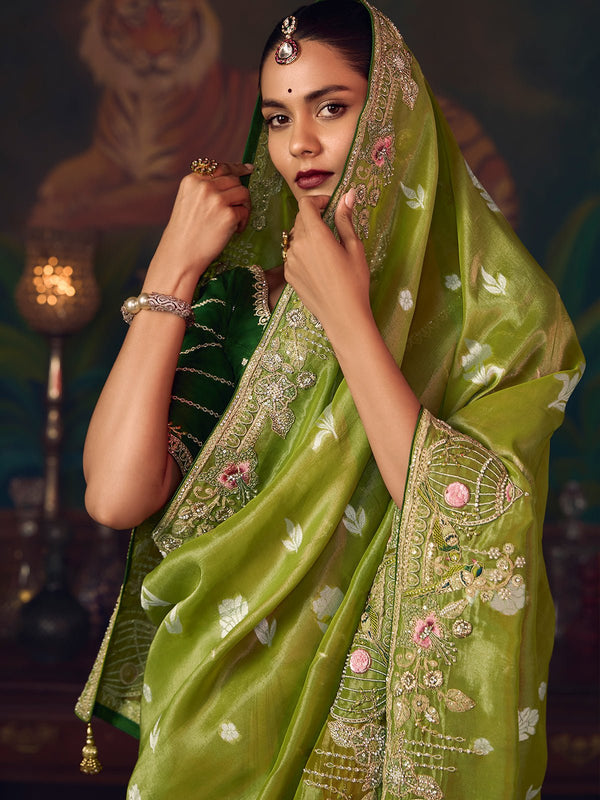 Parrot Green Designer Organza Silk Saree with Contrast Blouse