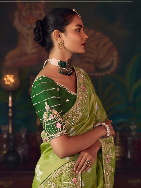 Parrot Green Designer Organza Silk Saree with Contrast Blouse