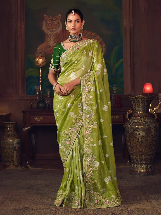 Parrot Green Designer Organza Silk Saree with Contrast Blouse