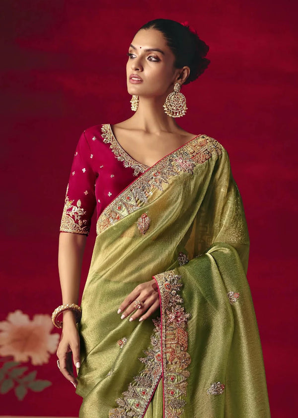 Parrot Green Designer Silk Saree with Contrast Blouse