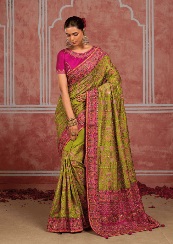 Parrot Green Embroidered Designer Satin Silk Saree