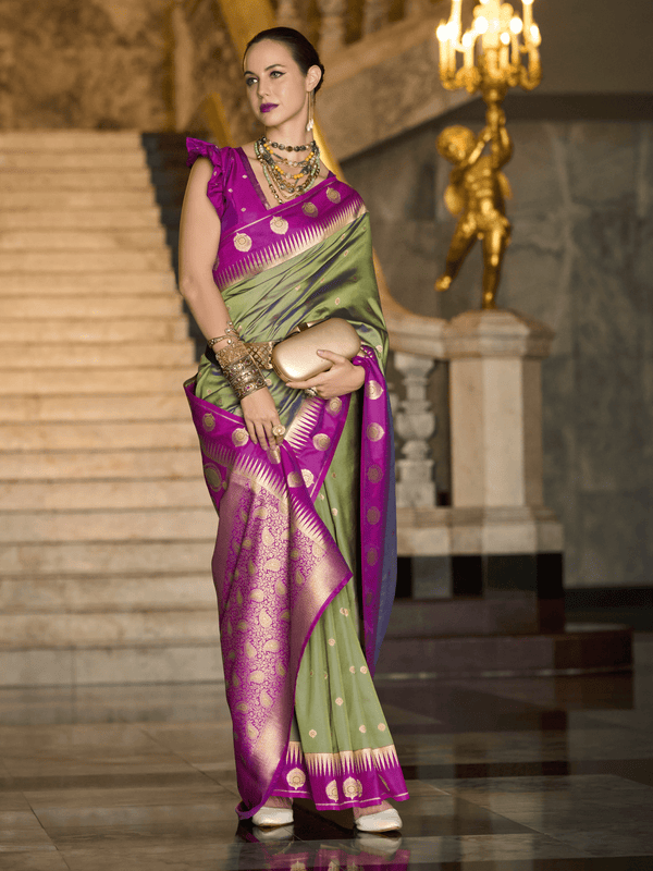Parrot Green Kanjivaram Saree With Contrast Blouse