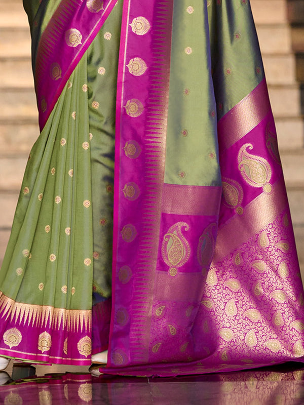 Parrot Green Kanjivaram Saree With Contrast Blouse