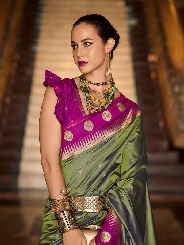 Parrot Green Kanjivaram Saree With Contrast Blouse