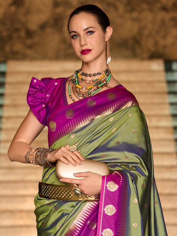 Parrot Green Kanjivaram Saree With Contrast Blouse