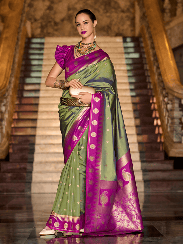 Parrot Green Kanjivaram Saree With Contrast Blouse