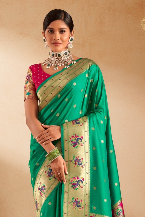 Parrot Green Paithani Silk Saree with Gold Zari Peacock Motif Pallu
