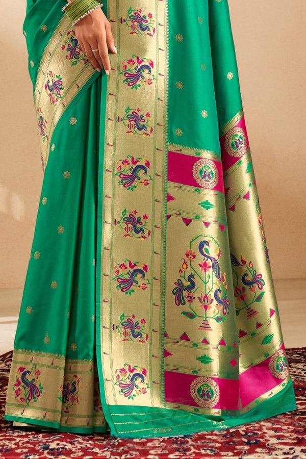 Parrot Green Paithani Silk Saree with Gold Zari Peacock Motif Pallu