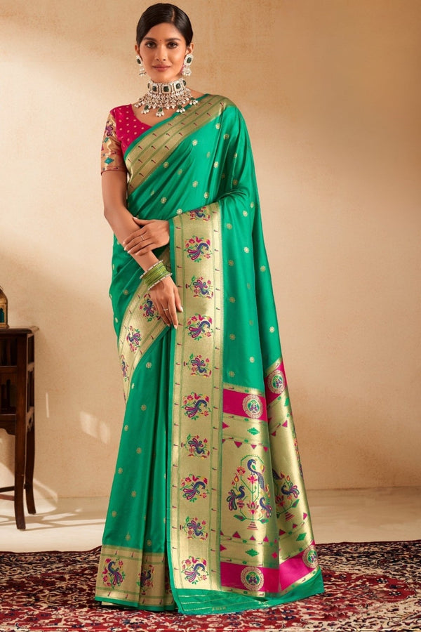 Parrot Green Paithani Silk Saree with Gold Zari Peacock Motif Pallu