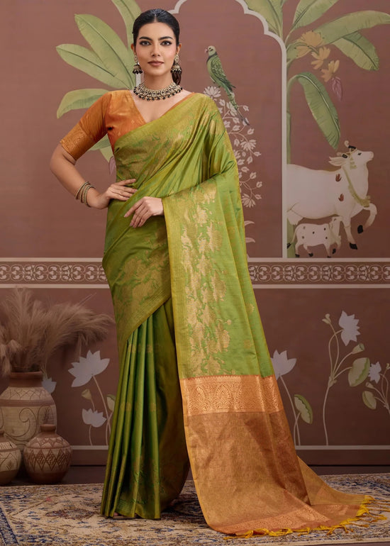 Parrot Green Tussar Silk Saree with Orange Contrast Blouse