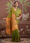 Parrot Green Tussar Silk Saree with Orange Contrast Blouse