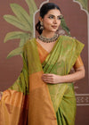 Parrot Green Tussar Silk Saree with Orange Contrast Blouse