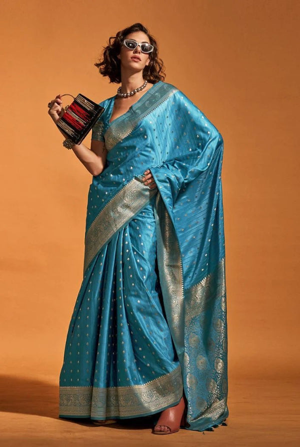 Pastel Blue Handloom Satin Silk Saree