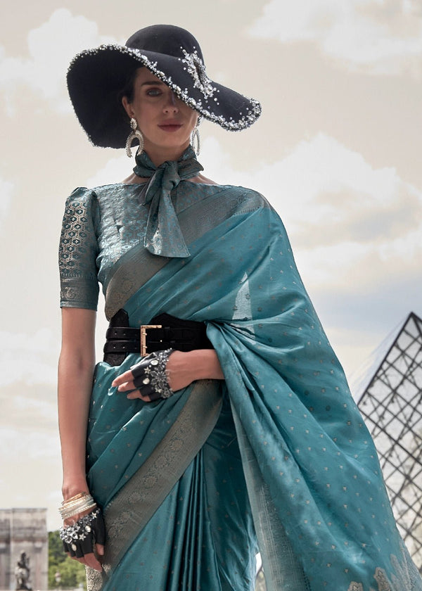 Pastel Blue Handloom Satin Silk Saree With Tassels