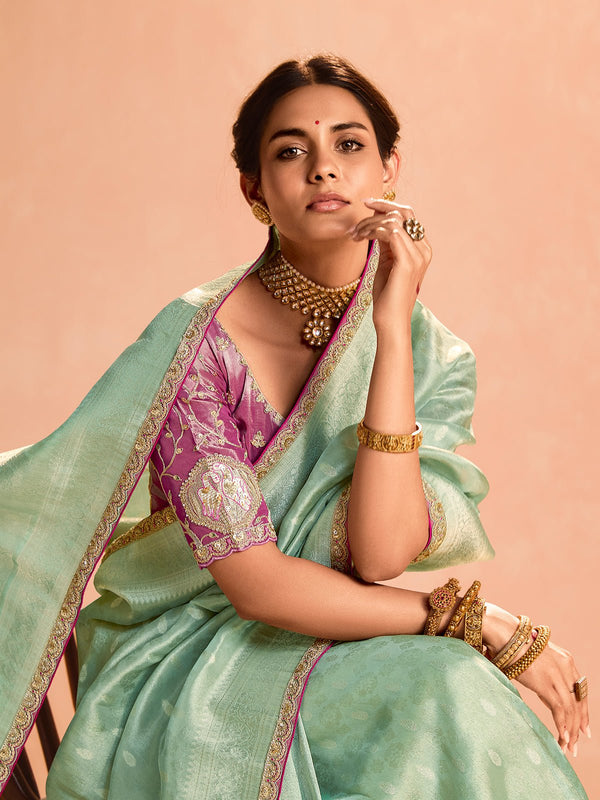 Pastel Green Banarasi Bridal Tissue Silk Saree