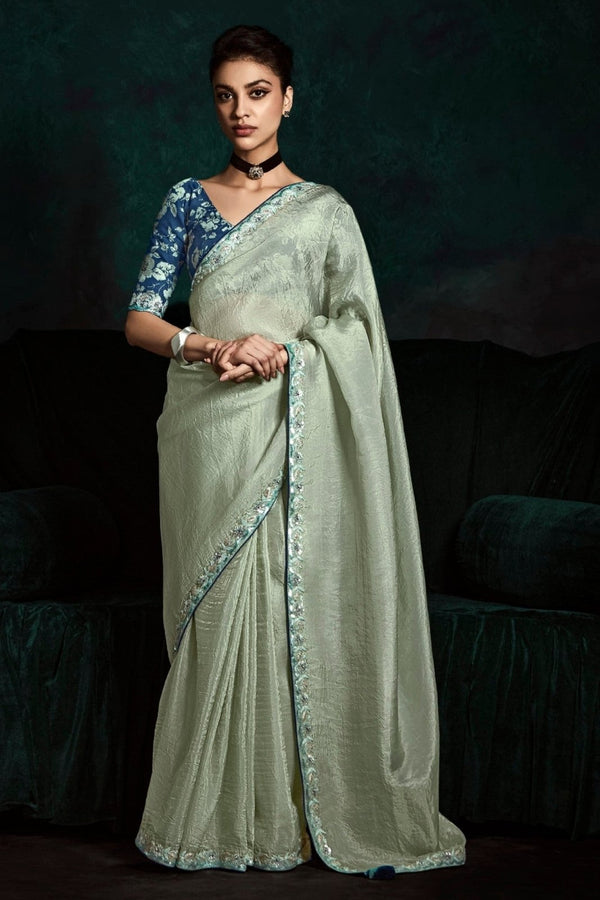 Pastel Green Designer Organza Saree with Embroidery Border