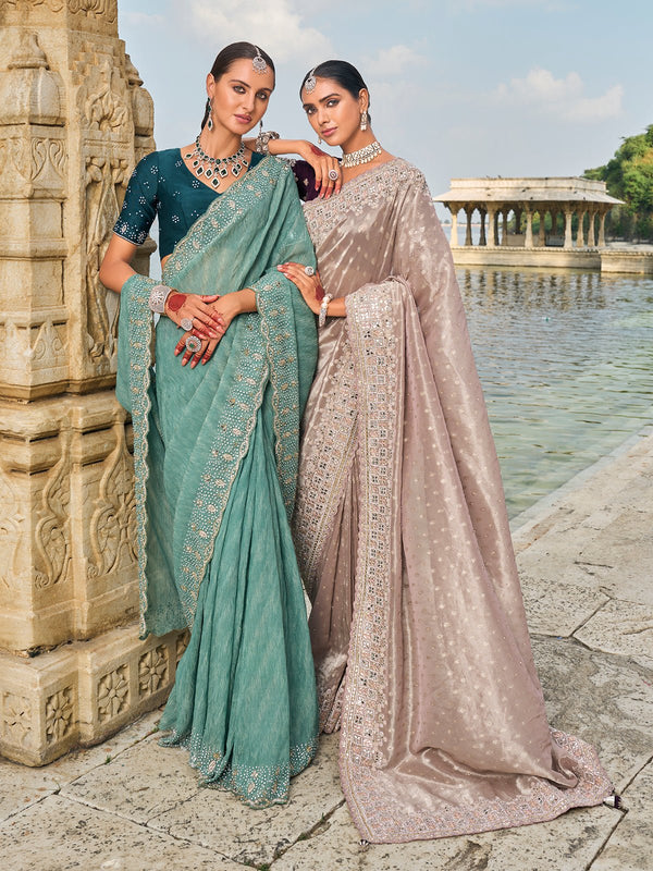 Pastel Green Organza Silk Saree With Embroidery