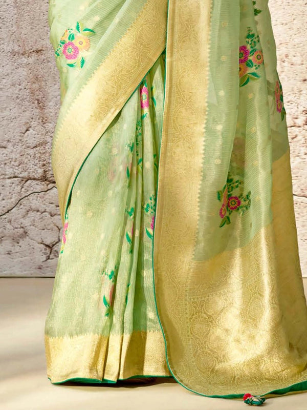 Pastel Green Zari Woven Banarasi Silk Saree