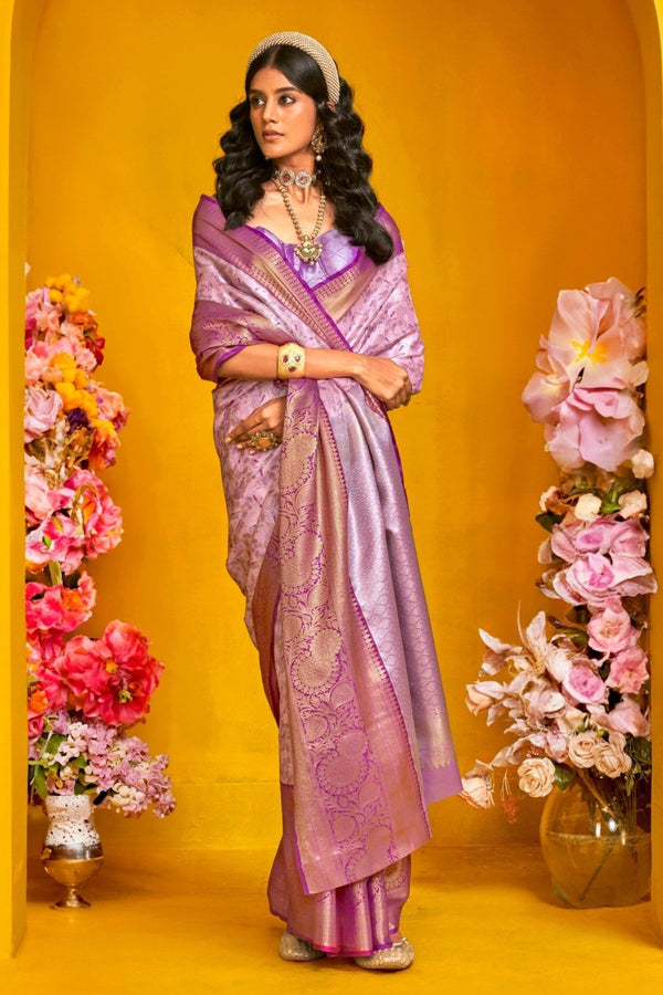 Pastel Lavender Kanjivaram Silk Saree with Gold Zari