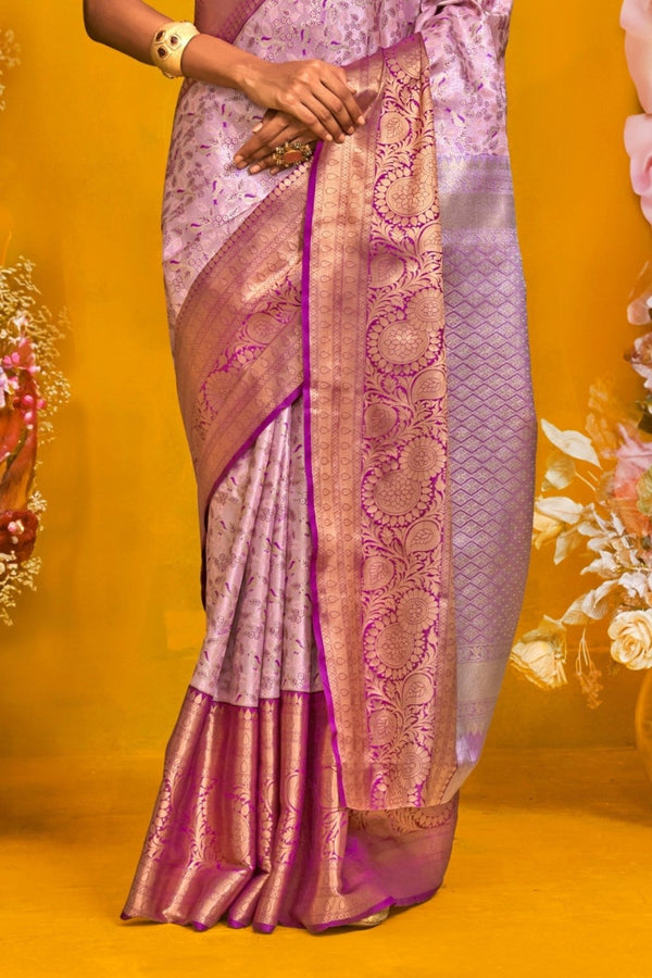 Pastel Lavender Kanjivaram Silk Saree with Gold Zari
