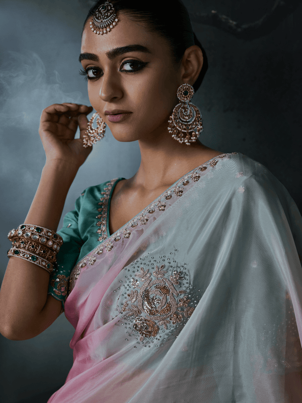 Pastel Multicolor Embroidered Designer Organza Silk Saree
