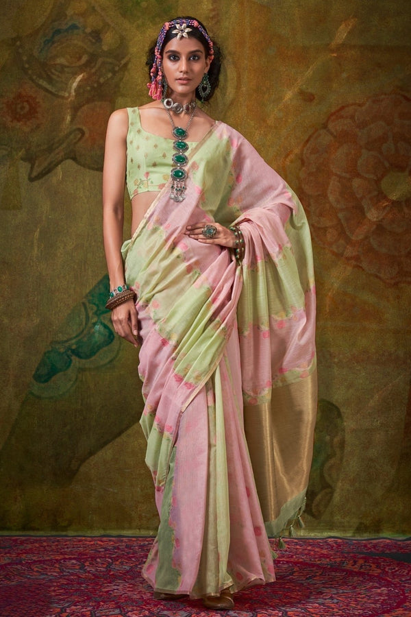 Pastel Pink and Light Green Organza Silk Saree