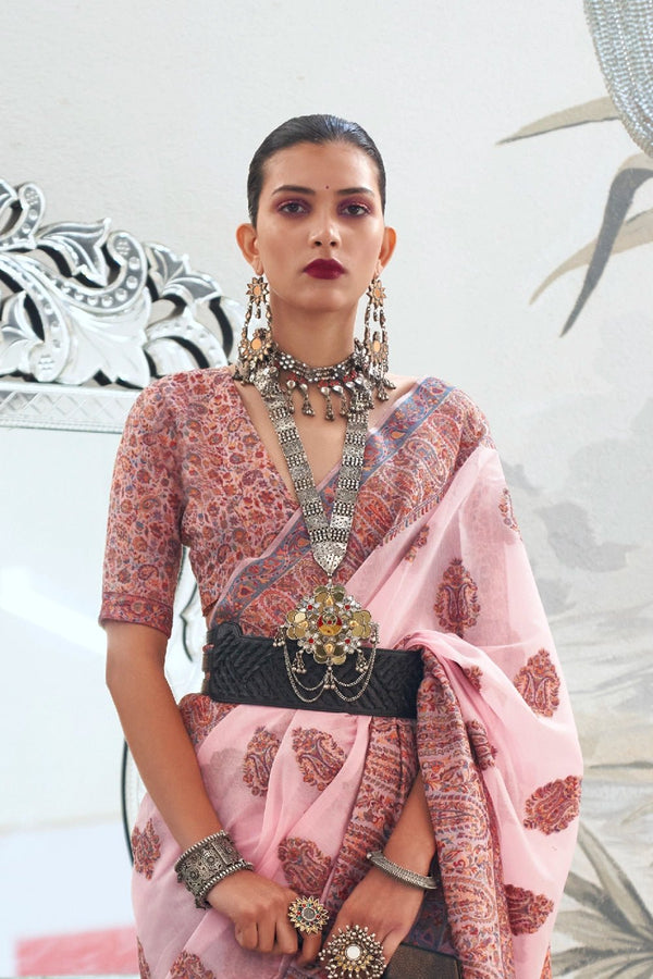 Pastel Pink Kashmiri Handloom Woven Jamawar Silk Saree
