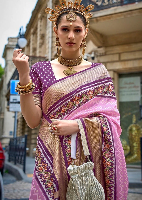 Pastel Pink Printed Patola Silk Saree