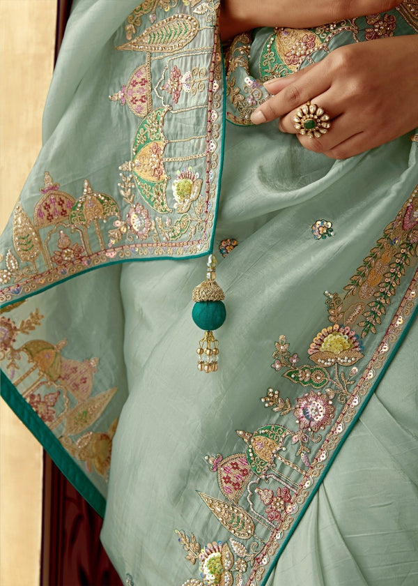Pastel Sage Green Designer Tissue Silk Saree With Embroidery