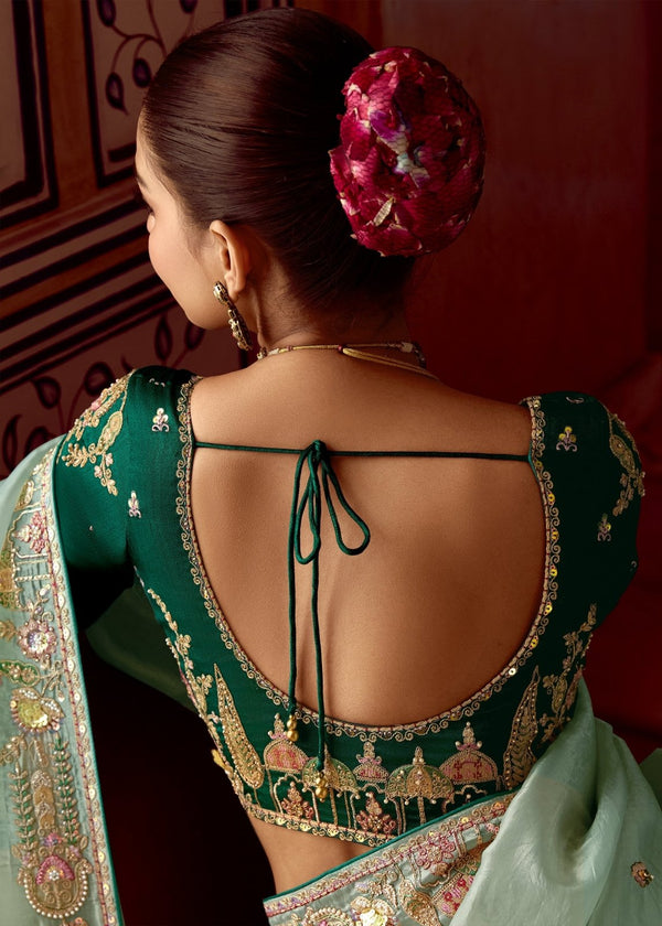 Pastel Sage Green Designer Tissue Silk Saree With Embroidery