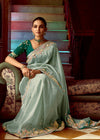 Pastel Sage Green Designer Tissue Silk Saree With Embroidery