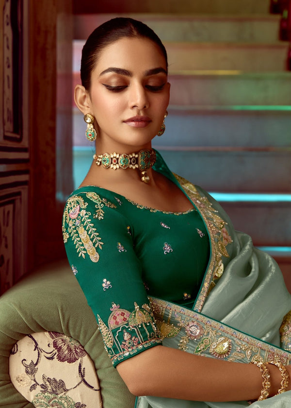Pastel Sage Green Designer Tissue Silk Saree With Embroidery